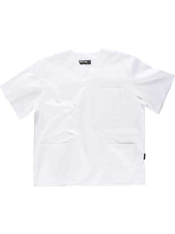 WorkTeam Casaca Sanitario, Cuello de Pico, Manga Corta, un Bolso de Pecho, 2 Bolsos Bajos, 100% Algodón. Unisex