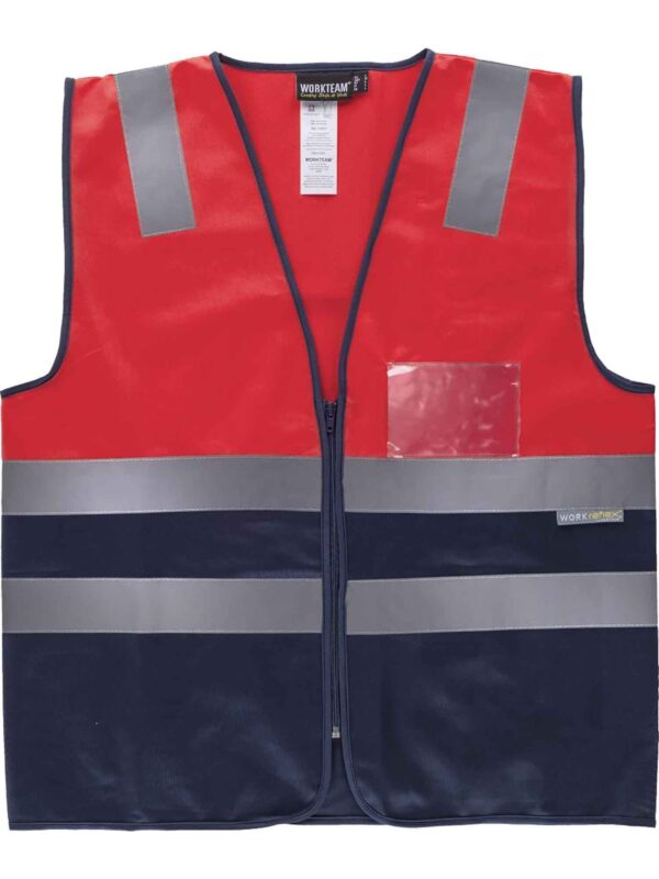 WorkTeam Chaleco bicolor rojo A.V. con cierre de cremallera y cintas de ALTA VISIBILIDAD. EN ISO 20471:2013 HOMBRE