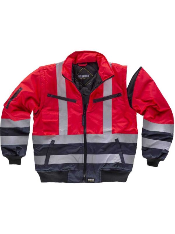WorkTeam Parka Cazadora Piloto combinada Rojo Alta Visibilidad con Cintas Reflectantes. EN ISO 20471:2013 Unisex