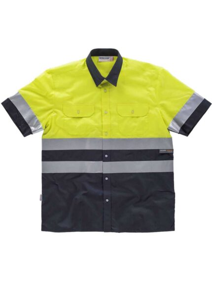 WorkTeam Camisa Manga Corta combinada ALTA VISIBILIDAD, con 2 Bolsos de Pecho y con Cintas Reflectantes. Hombre