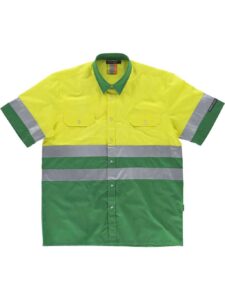 WorkTeam Camisa Manga Corta combinada ALTA VISIBILIDAD, con 2 Bolsos de Pecho y con Cintas Reflectantes. Hombre