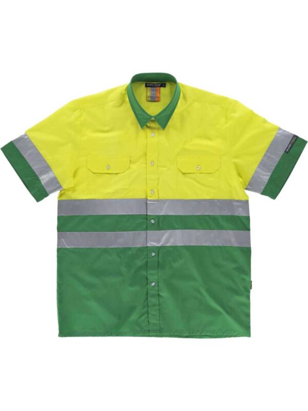WorkTeam Camisa Manga Corta combinada ALTA VISIBILIDAD, con 2 Bolsos de Pecho y con Cintas Reflectantes. Hombre