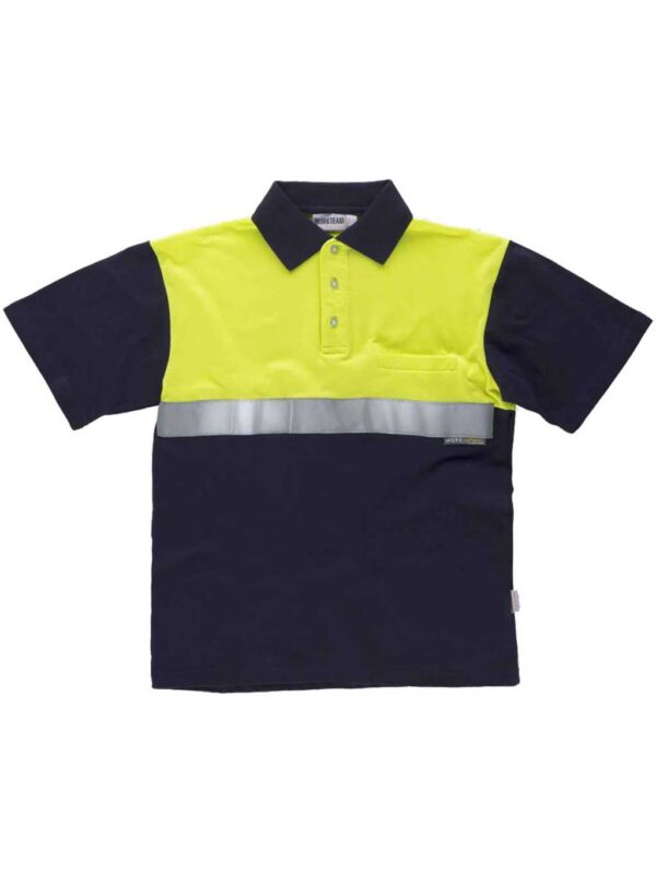 Work Team Polo Manga Corta ALTA VISIBILIDAD, con Canesú Combinado, un Bolso de Pecho, una Cinta Reflectante, 100% Algodón. Hombre