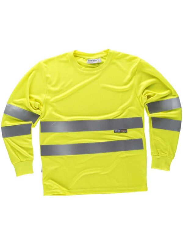 WorkTeam Camiseta Cuello Caja, Manga Larga, Alta Visibilidad, Cintas Reflectantes Hombre