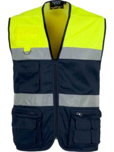 WorkTeam Chaleco Tipo Safari Multibolsillos Bicolor, con Dos Cintas de Alta Visibilidad