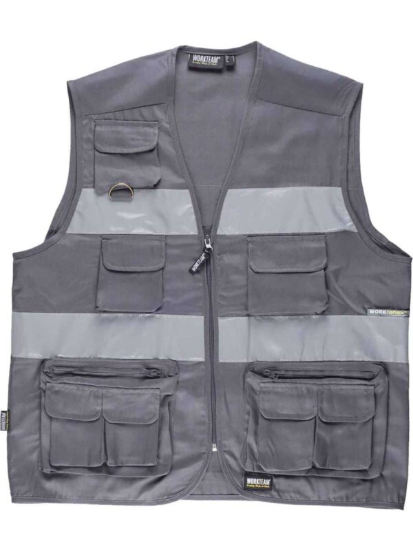 WorkTeam Chaleco Tipo Safari Multibolsillos con 2 Cintas Reflectantes. Hombre