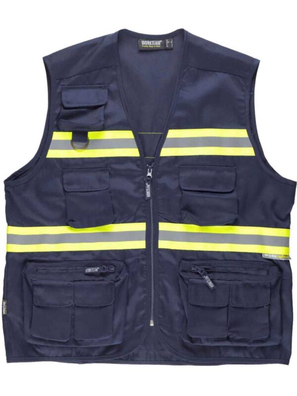 WorkTeam Chaleco con Cierre de Cremallera. Multibolsillos. Cintas Reflectantes Bicolor. Hombre
