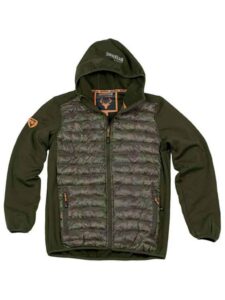 Work Team Chaqueta Caza Pesca Aire Libre etc, softshell, combinada con tejido Acolchado de Camuflaje, 2 Bolsos Laterales, con Capucha.