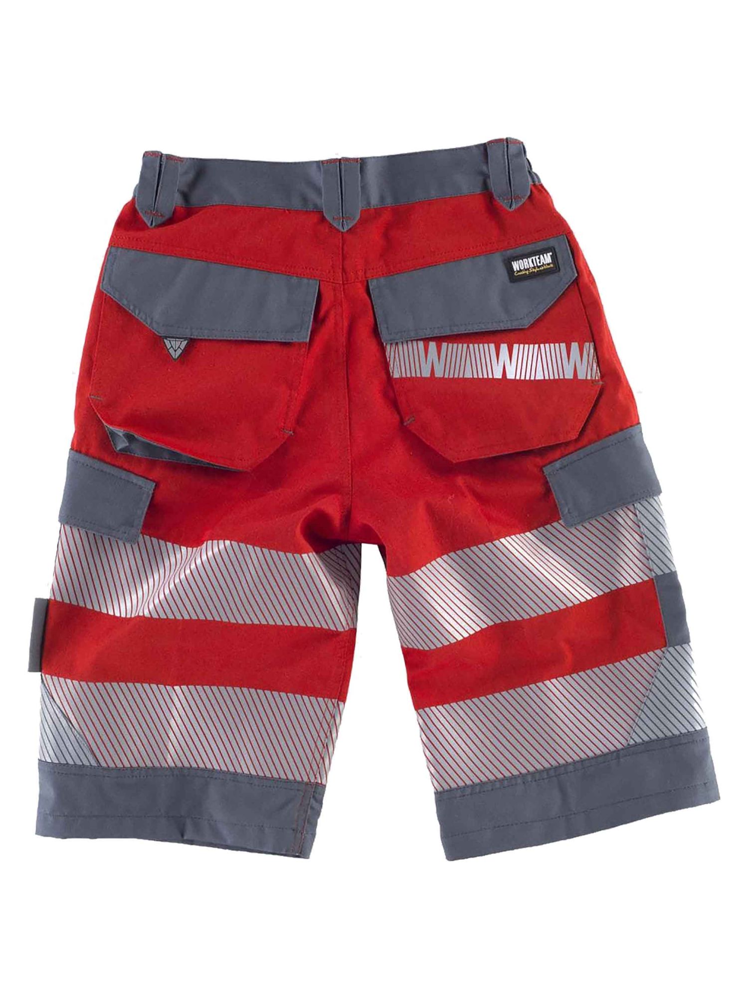 WorkTeam Pantalon Corto o Bermuda Multibolsillos Combinado de Alta Visibilidad con Cintas Reflectantes Discontinuas y Cintas