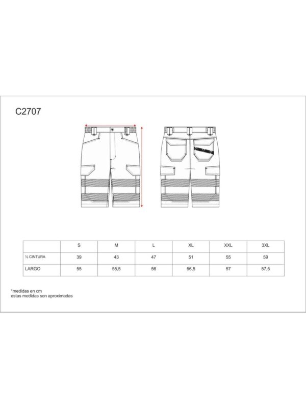 WorkTeam Pantalón corto ó Bermuda Multibolsillos de Alta Visibilidad, con Cintas Reflectantes Discontinuas y Cintas Personalizadas, Trabajo. Unisex