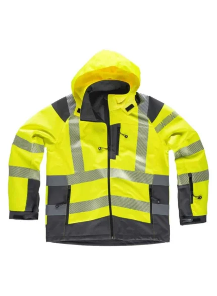 WorkTeam Chaqueta Workshell de ALTA VISIBILIDAD, Cintas Reflectantes, Capucha, Cortavientos, Impermeable, Membrana Interor Transpirable y Alta Capacidad Térmica. Unisex