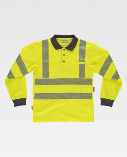 Polo hombre manga larga de Alta Visibilidad con cinta reflectante segmentada termoadhesiva, Transpirable, con bolsillo en la manga y Perchado Interior